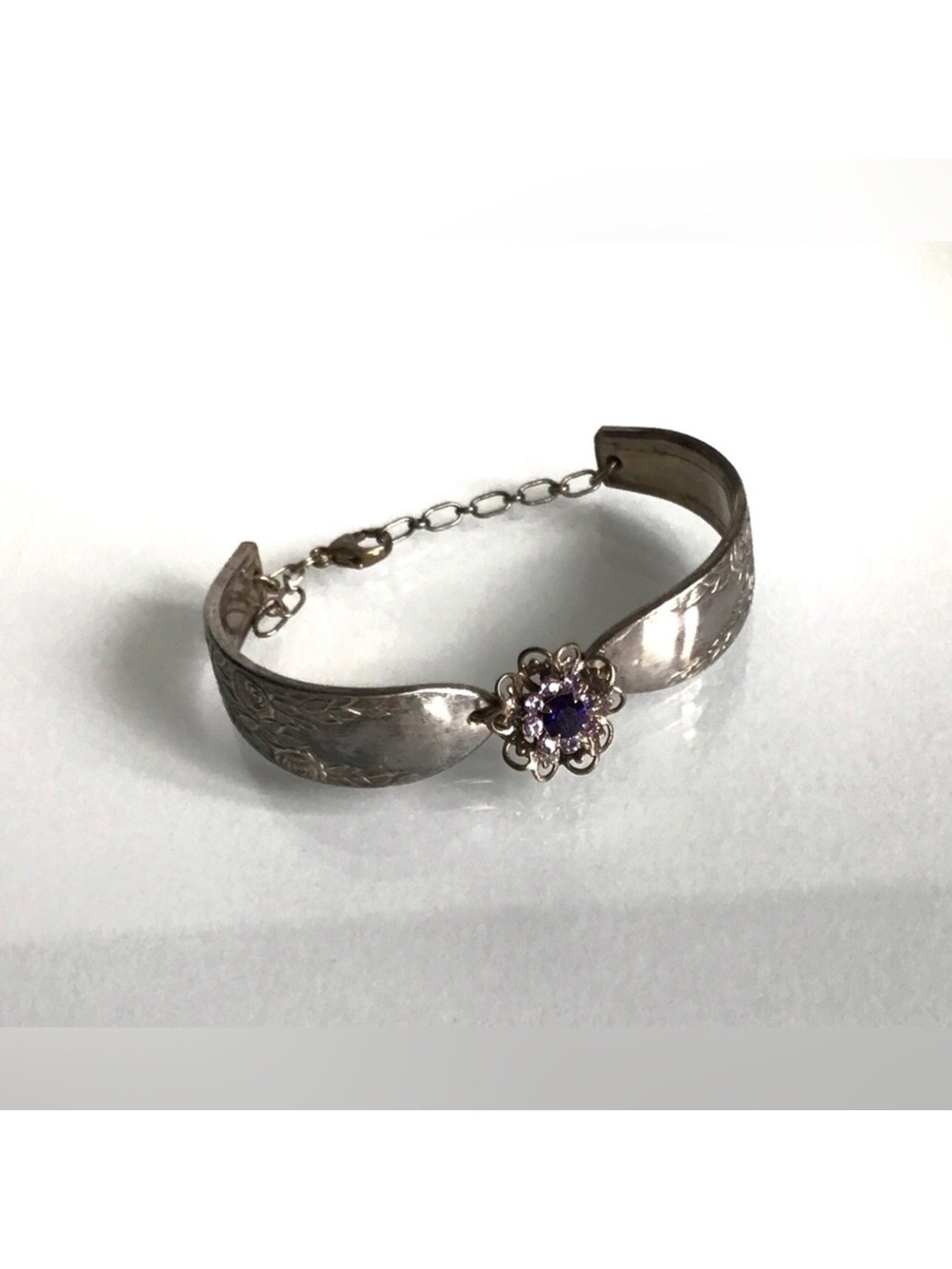 Vintage Silverware Spoon Bracelet 7” Faux Amethyst Purple Glass Rhinestones 925